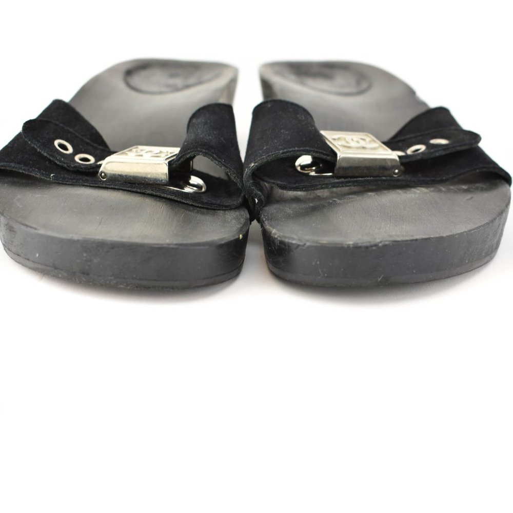 CHANEL: Black, Suede "CC" Logo, Sandals/Slides - Picture 5 of 10